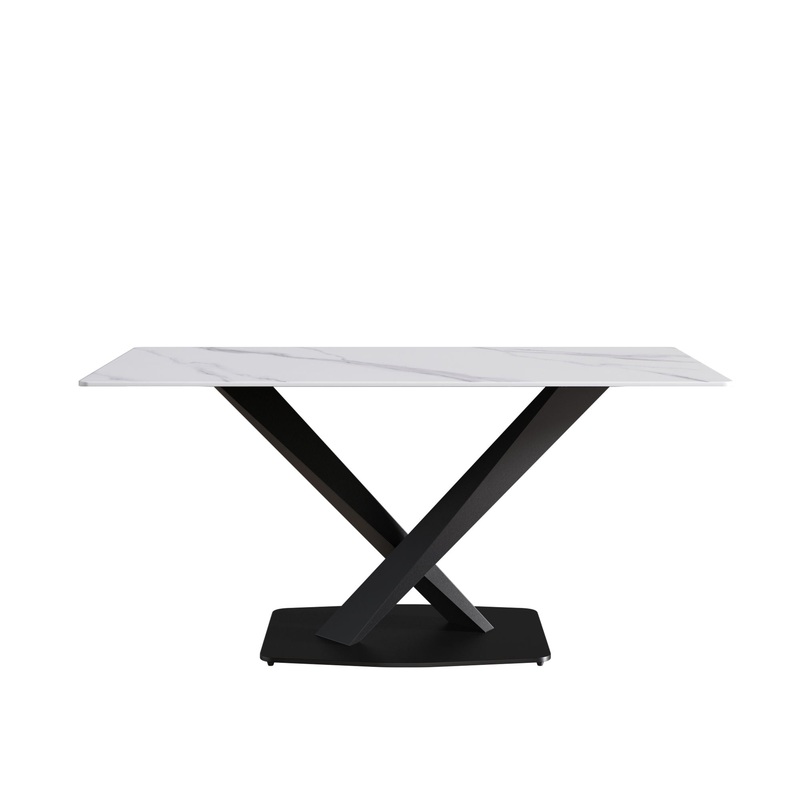 63″ Modern Artificial Stone Straight Edge Metal X-Leg Dining Table, 6 People – White / Black