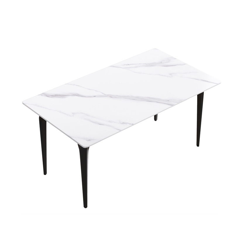 63″ Modern Artificial Stone White Straight Edge Black Metal Leg Dining Table, 6 People – White / Black