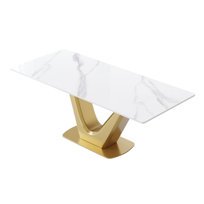 70.84″ Modern Artificial Stone Panel V-Shaped Metal Legs, Can Accommodate 6-8 People – White / Gold