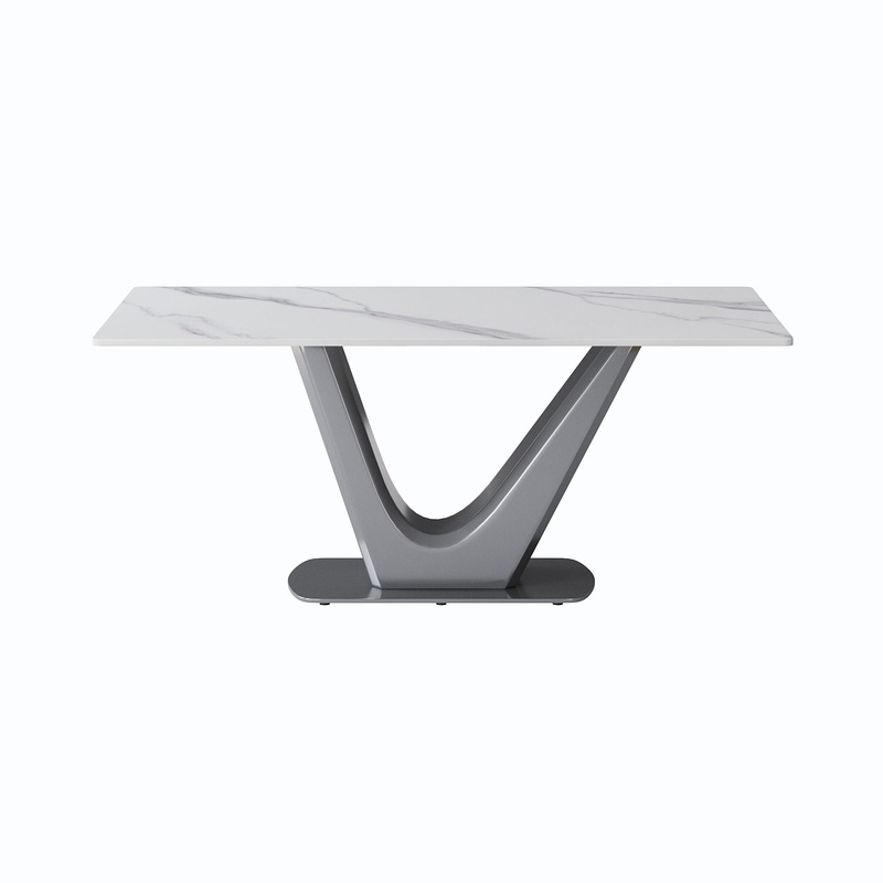 70.84″ Modern Artificial Stone Panel V-Shaped Metal Legs, Can Accommodate 6-8 People – White / Gray