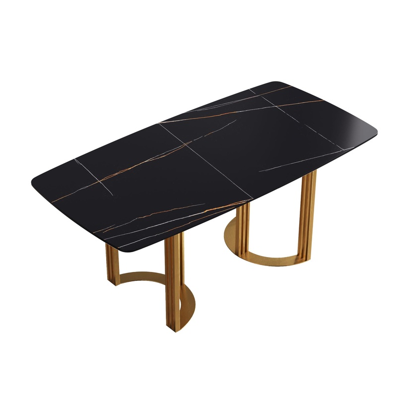 70.87″ Modern Artificial Stone Black Curved Metal Leg Dining Table, Can Accommodate 6-8 People – Black / Gold