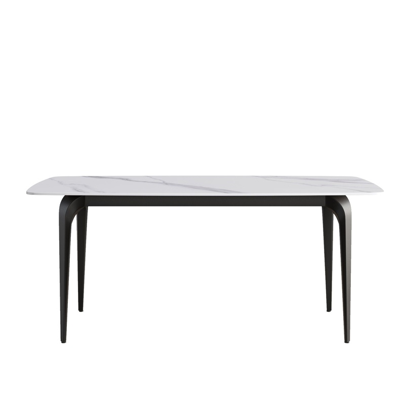 70.87″ Modern Artificial Stone Curved Black Metal Leg Dining Table, Can Accommodate 6-8 People – White / Black
