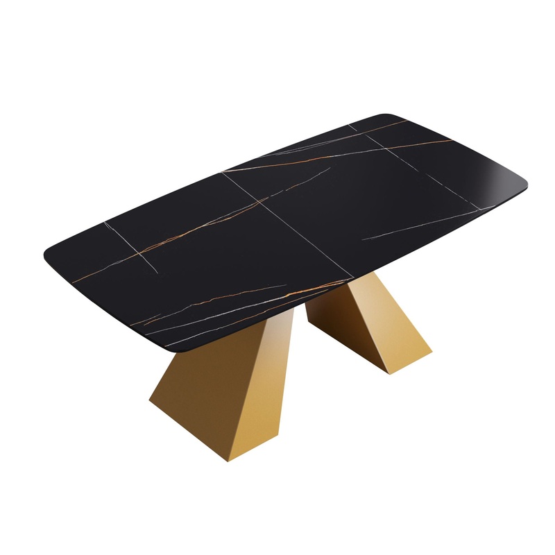 70.87″ Modern Artificial Stone Curved Metal Leg Dining Table, Can Accommodate 6-8 People – Black / Gold