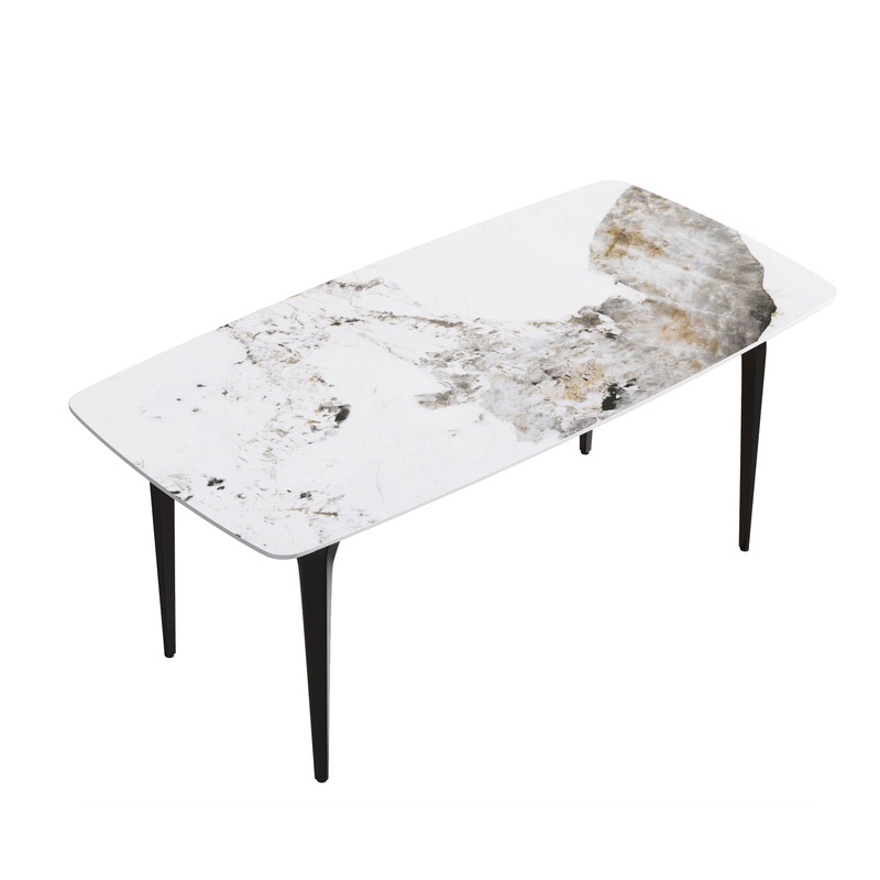 70.87″ Modern Artificial Stone Pandora White Curved Black Metal Leg Dining Table – Antique White