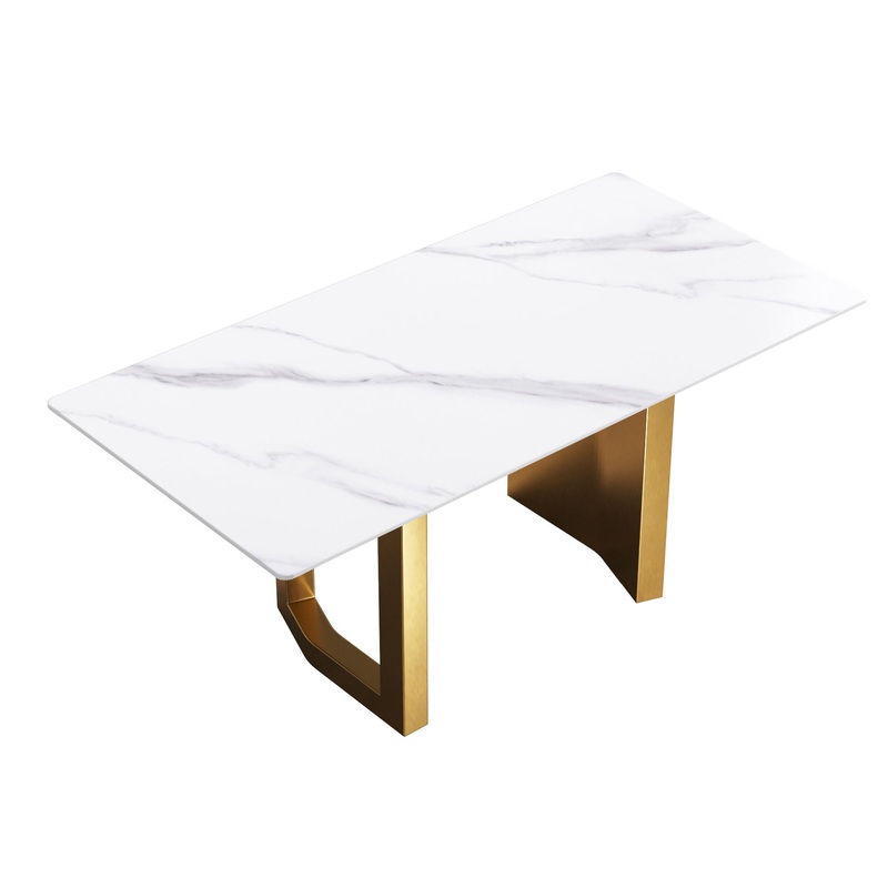 70.87″ Modern Artificial Stone Straight Edge Golden Metal Leg Dining Table, Can Accommodate 6-8 People – White / Gold