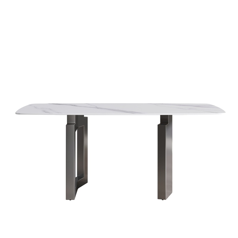 70.87″ Modern Artificial Stone White Curved Black Metal Leg Dining Table – White / Black