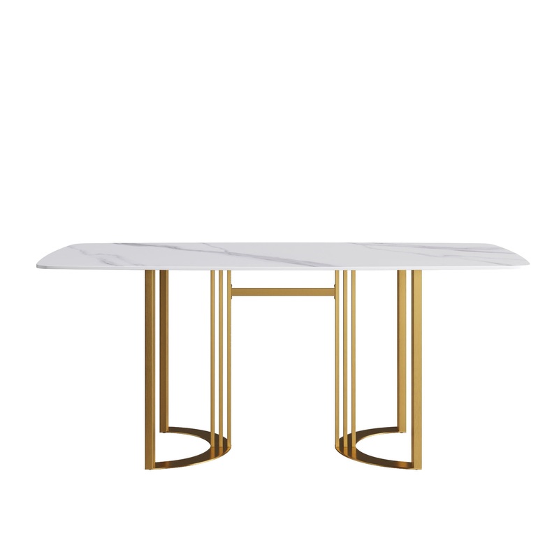 70.87″ Modern Artificial Stone White Curved Golden Metal Leg Dining Table, Can Accommodate 6-8 People – White / Gold