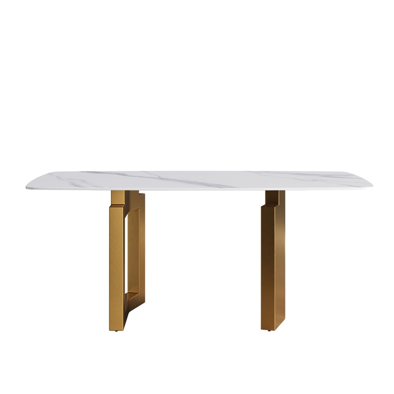 70.87″ Modern Artificial Stone White Curved Metal Leg Dining Table – White / Gold