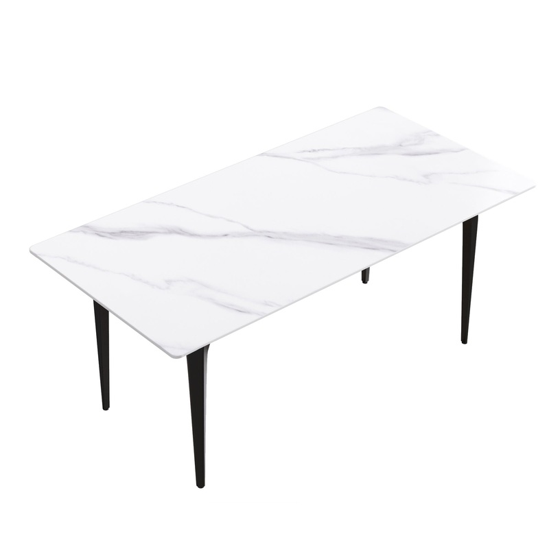 70.87″ Modern Artificial Stone White Straight Edge Black Metal Leg Dining Table, Can Accommodate 6-8 People – White / Black
