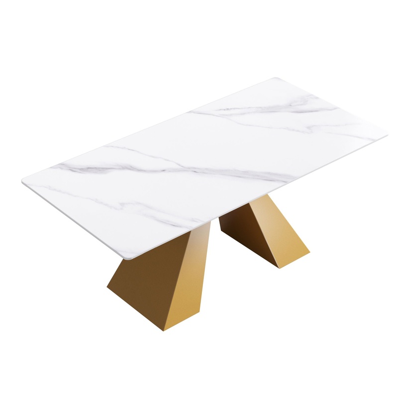 70.87″ Modern Artificial Stone White Straight Edge Metal Leg Dining Table – White / Gold