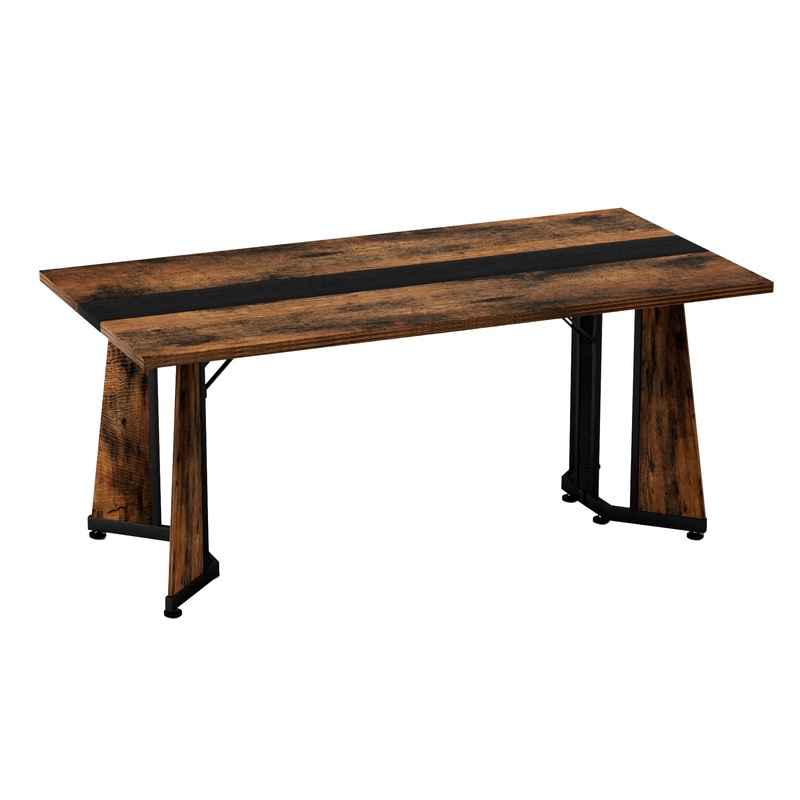 Rustic Rectangular Large Dining Table, Waterproof Desk For 8 People, & Steel With Adjustable Legs – Black / Rustic Brown
