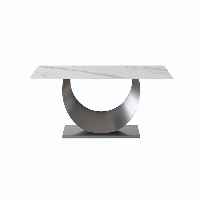 63″ Modern Artificial Stone Crescent-Shaped Metal Legs, Can Accommodate 6-8 People – White / Black