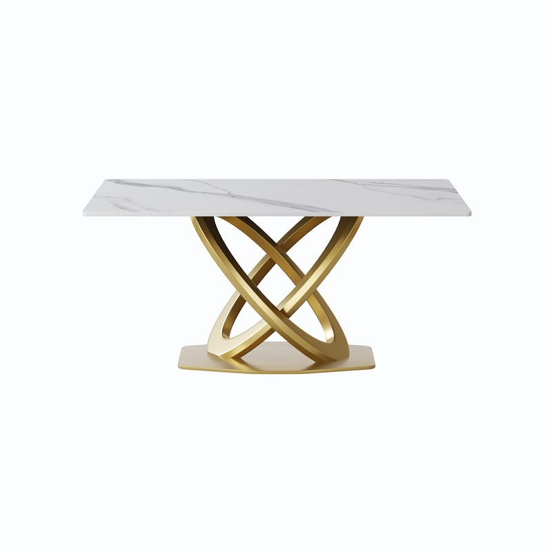 63″ Modern Artificial Stone Panel Double-Ring Stainless Steel Metal Legs, Can Accommodate 6-8 People – White / Gold