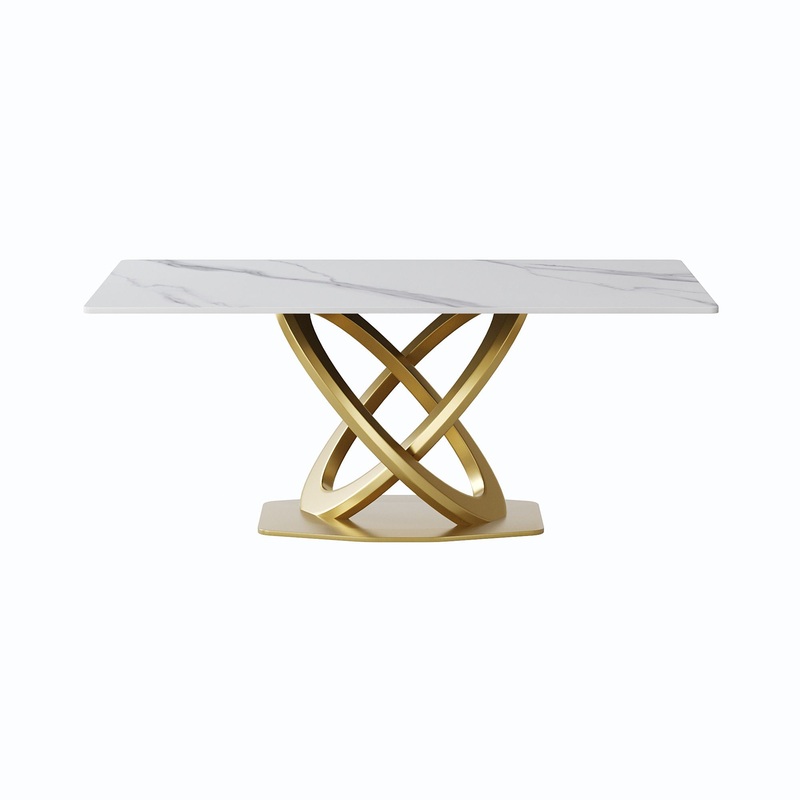 70.84″ Modern Artificial Stone Panel Double-Ring Stainless Steel Metal Legs, Can Accommodate 6-8 People
