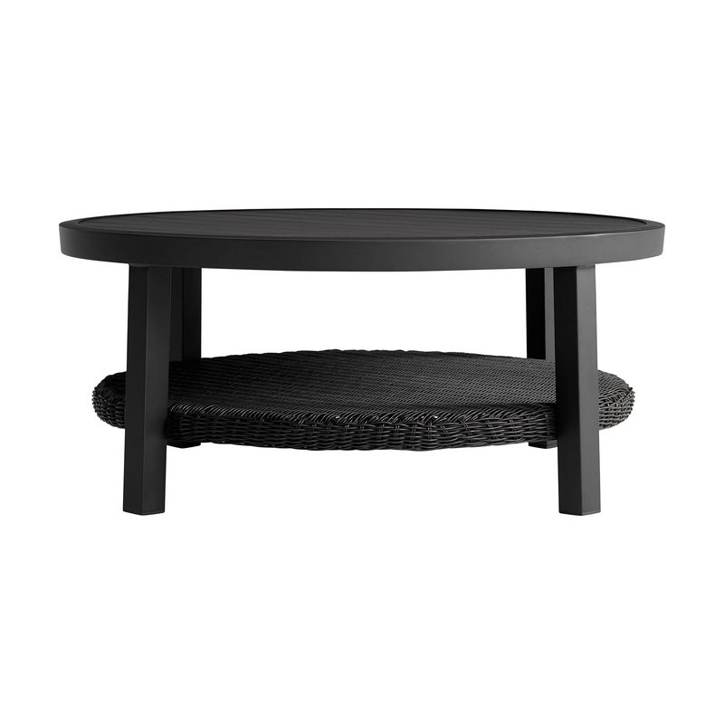Cayman – Outdoor Round Conversation Table With Wicker Shelf – Black