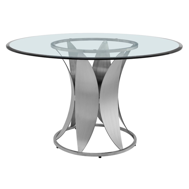Petal – Modern Glass Round Pedestal Dining Table – Brushed Stainless Steel