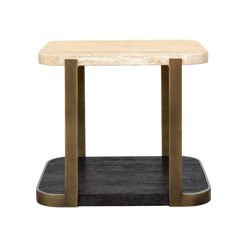 Avalon – End Table – Bronze Metal Frame With Travertine & Espresso