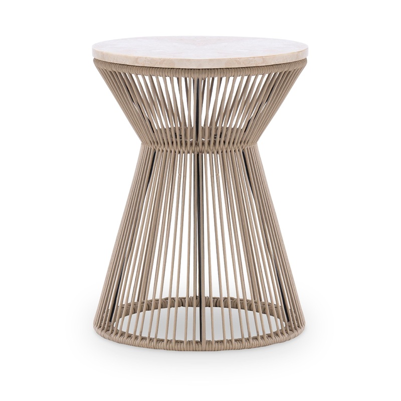 Biscayne – Round Rope End Table With Travertine Top – Beige
