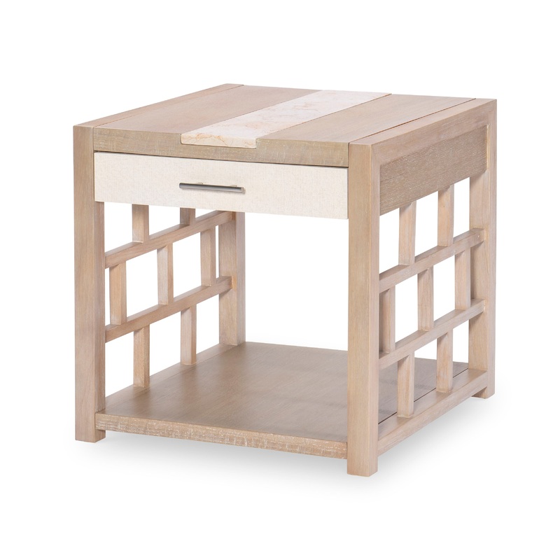 Biscayne – Square End Table With Travertine Insert – Beige