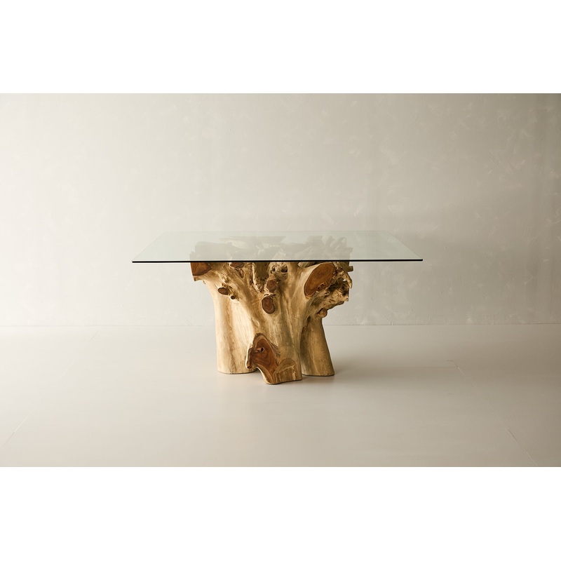 Teak Root Dining Table, 60″ Square Glass Top
