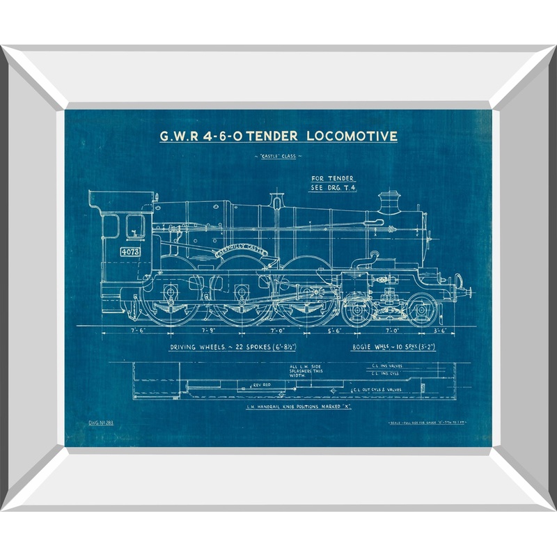 Locomotive Blueprint I By Wild Apple Portfolio – Mirror Framed Print Wall Art – Blue
