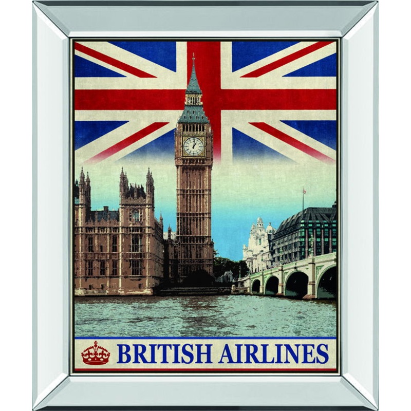 Vintage Travel London By The Portmanteau Collection – Mirror Framed Print Wall Art – Blue