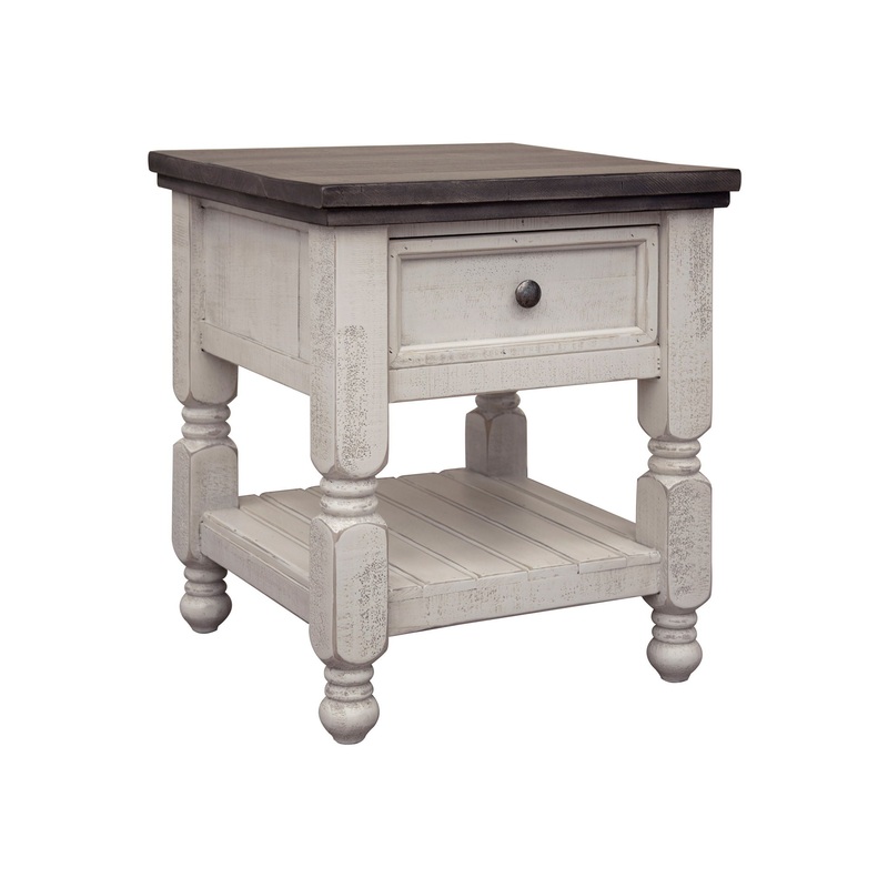 Stone – End Table With 1 Drawer And Shelf – Antiqued Ivory / Weathered Gray