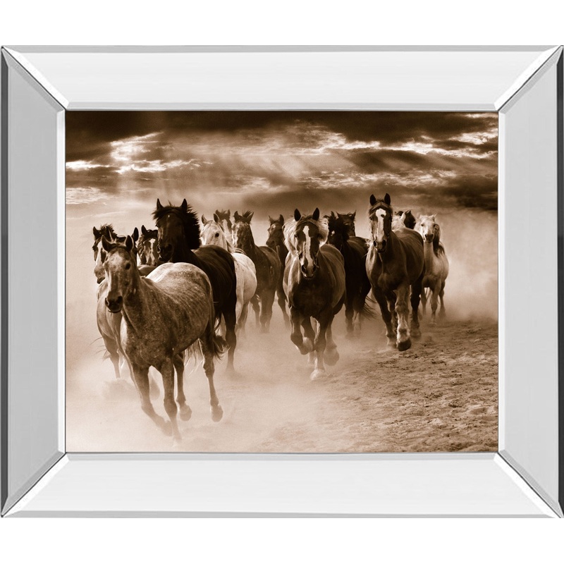 Running Horses By Monte Naglar – Mirror Framed Photo Print Wall Art – Dark Brown
