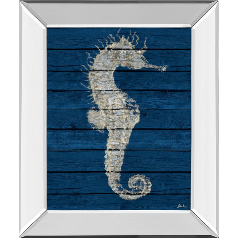 Antique Seahorse On Blue I By Patricia Pinto – Mirror Framed Print Wall Art – Blue