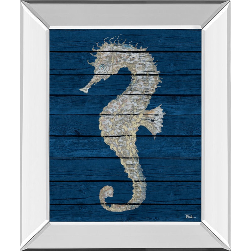 Antique Seahorse On Blue Il By Patricia Pinto – Mirror Framed Print Wall Art – Blue