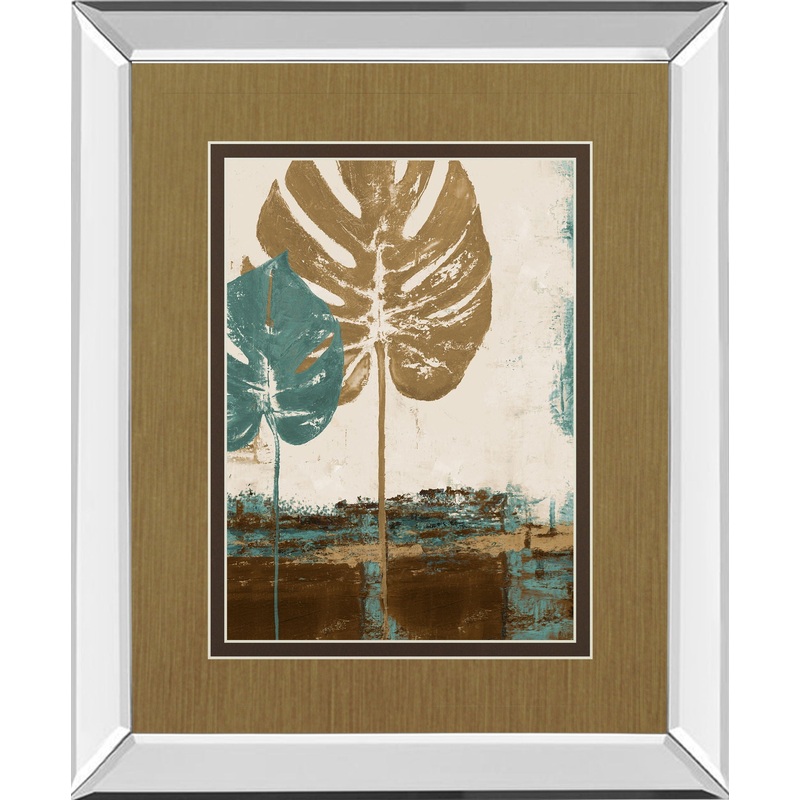 Blue Leaves Il By Patricia Pinto – Mirror Framed Print Wall Art – Dark Brown