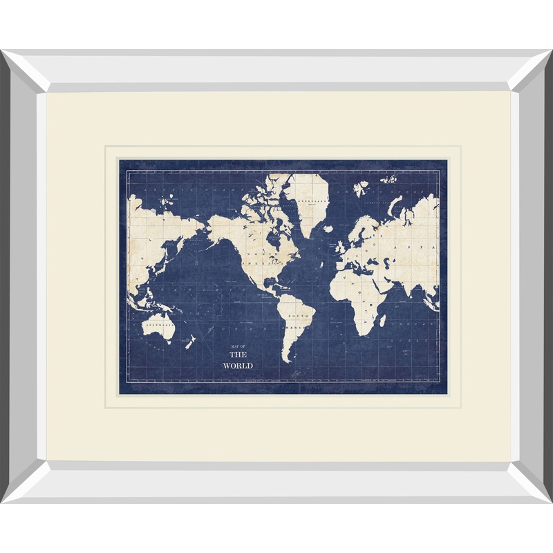 Blueprint World Map V2 By Sue Schlabach Mirrored Frame – Blue