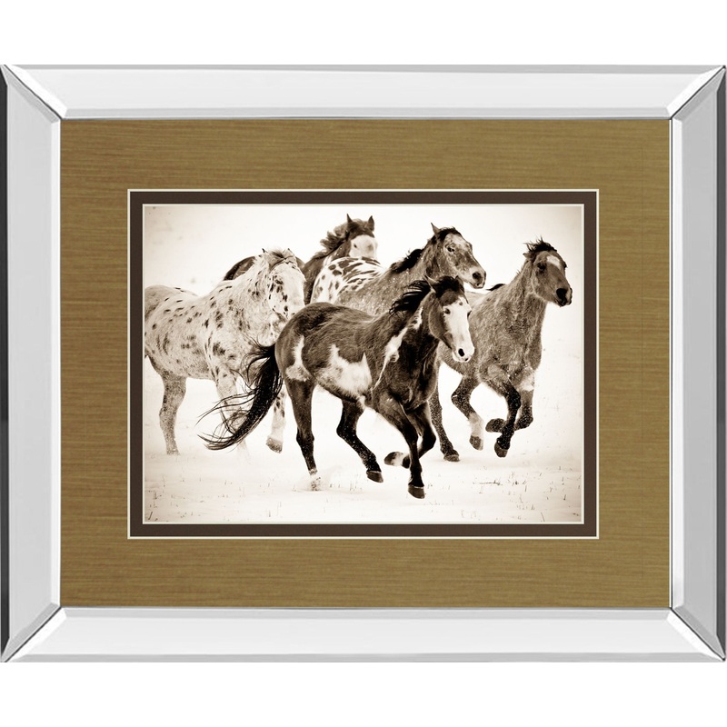 Painted Horses Run By Carol Walker – Mirror Framed Print Wall Art – Dark Brown