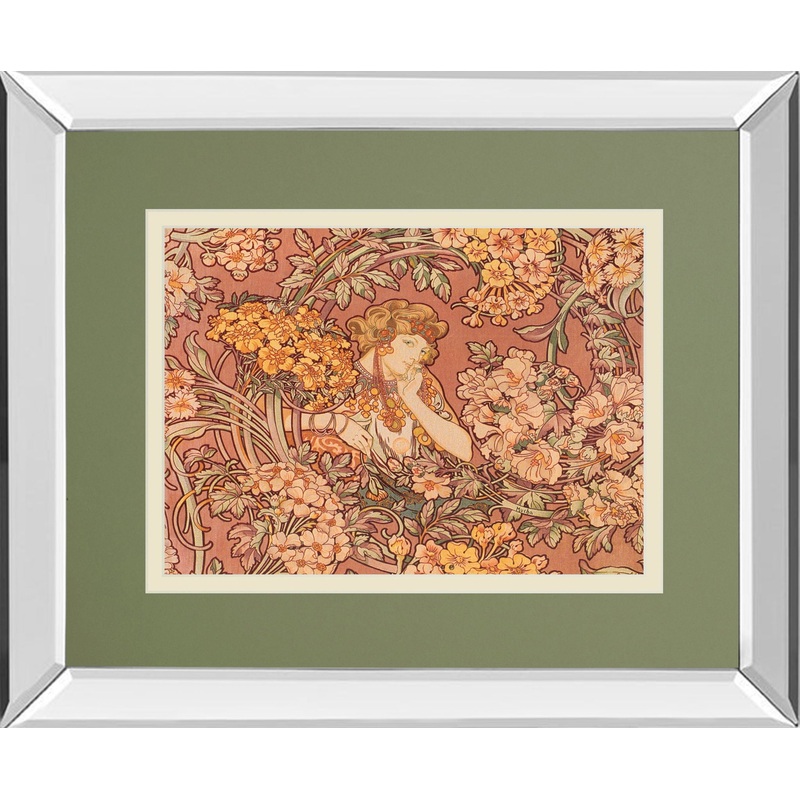 Redhead Among Flowers By Alphonse Mucha – Mirror Framed Print Wall Art – Pink