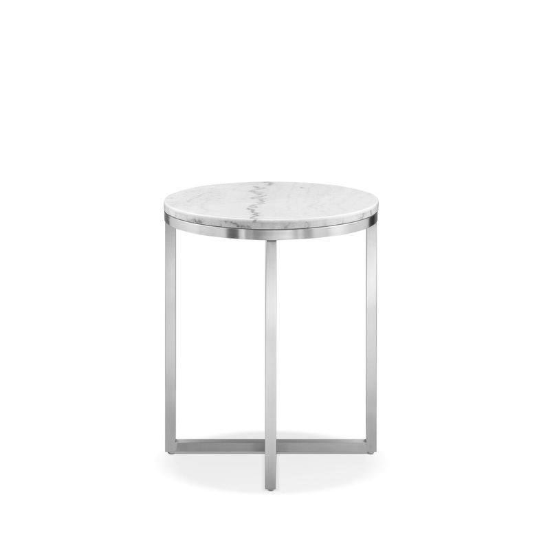 Esme – Round End Table – White Marble And Brushed Nickel